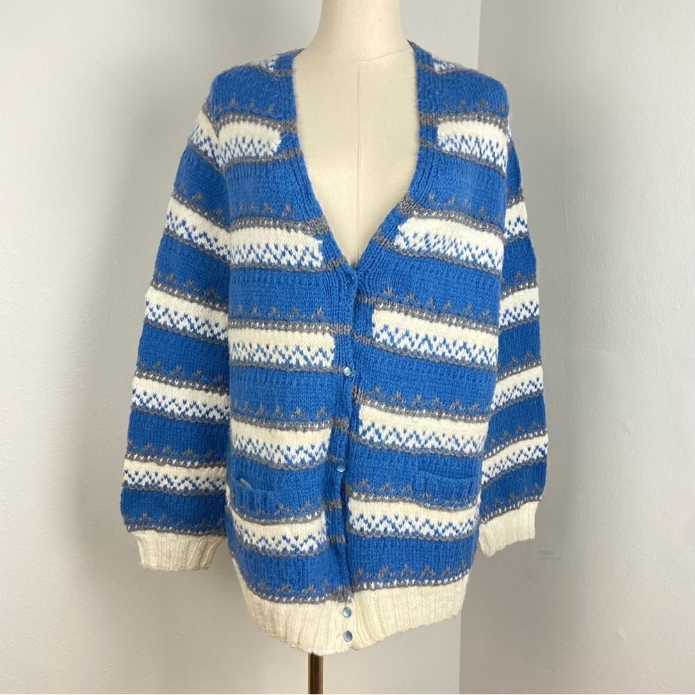 Hand Knitted‎ Vintage Cardigan Fair Isle Fisherman Sweater CabinCore Nordic M/L